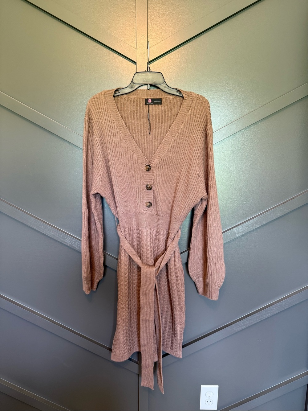 ☀️🌊 Kancy Kole Knit Button-Front Belted Cardigan Dress in Dusty Rose